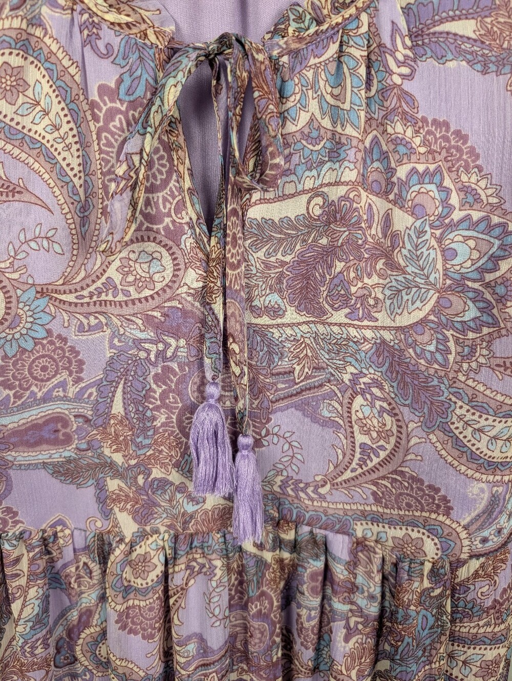 Land of the Free Lavender Paisley Boho Maxi Dress Size L Flutter Sleeve A-128 - Picture 10 of 16